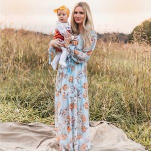 Baby blue, floral maxi dress, with tassel cuffs